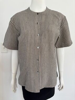 Striped Short-Sleeve Button-Down 100% linen Shirt in Beige and Black